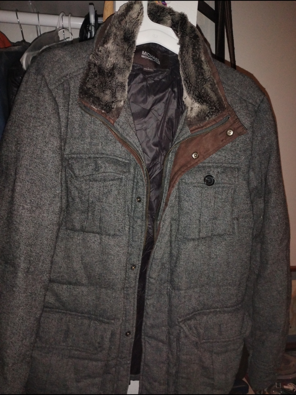 Michael Kors Men’s Gray Wool Blend Quilted Coat with Faux Fur Collar